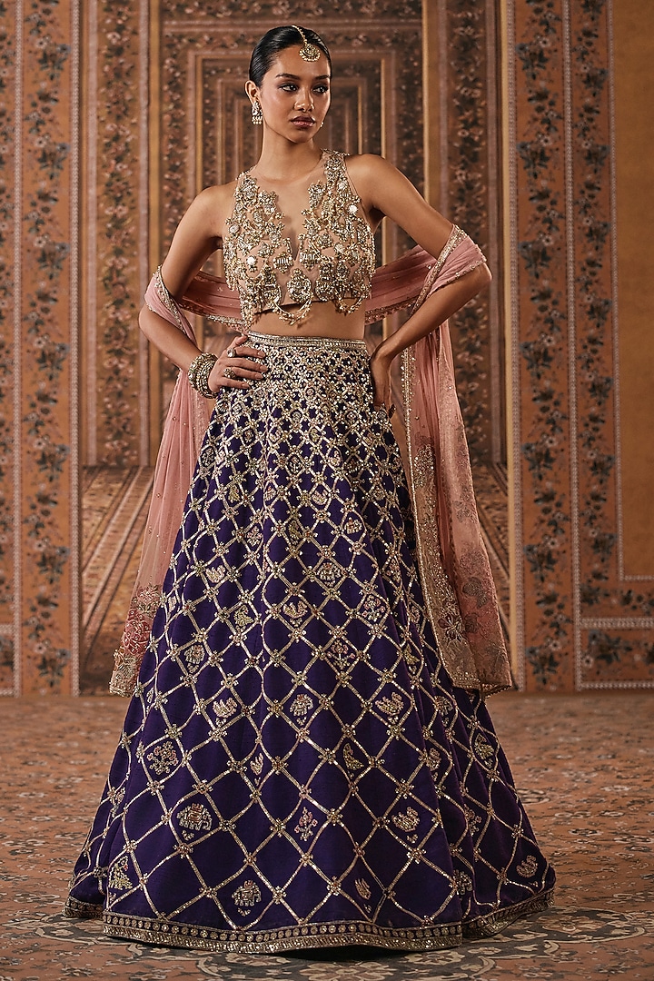 Purple Raw Silk Patola Embroidered Bridal Bridal Lehenga Set by Ridhi Mehra at Pernia's Pop Up Shop