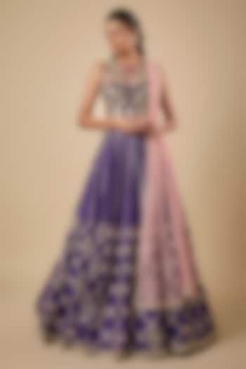 Purple Raw Silk Embroidered Bridal Lehenga Set by Ridhi Mehra at Pernia's Pop Up Shop
