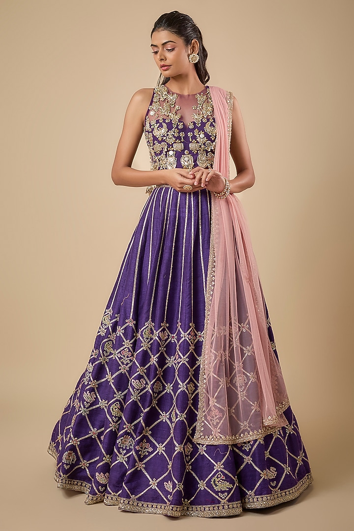 Purple Raw Silk Embroidered Bridal Lehenga Set by Ridhi Mehra at Pernia's Pop Up Shop
