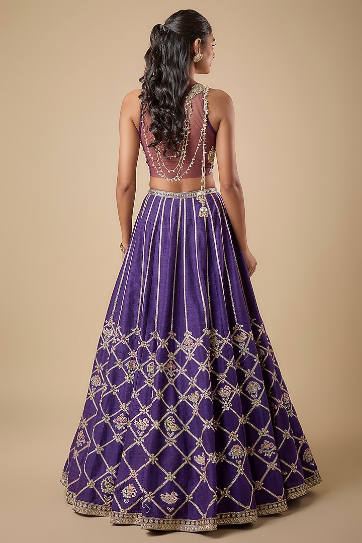 Purple Raw Silk Embroidered Bridal Lehenga Set by Ridhi Mehra at Pernia's Pop Up Shop