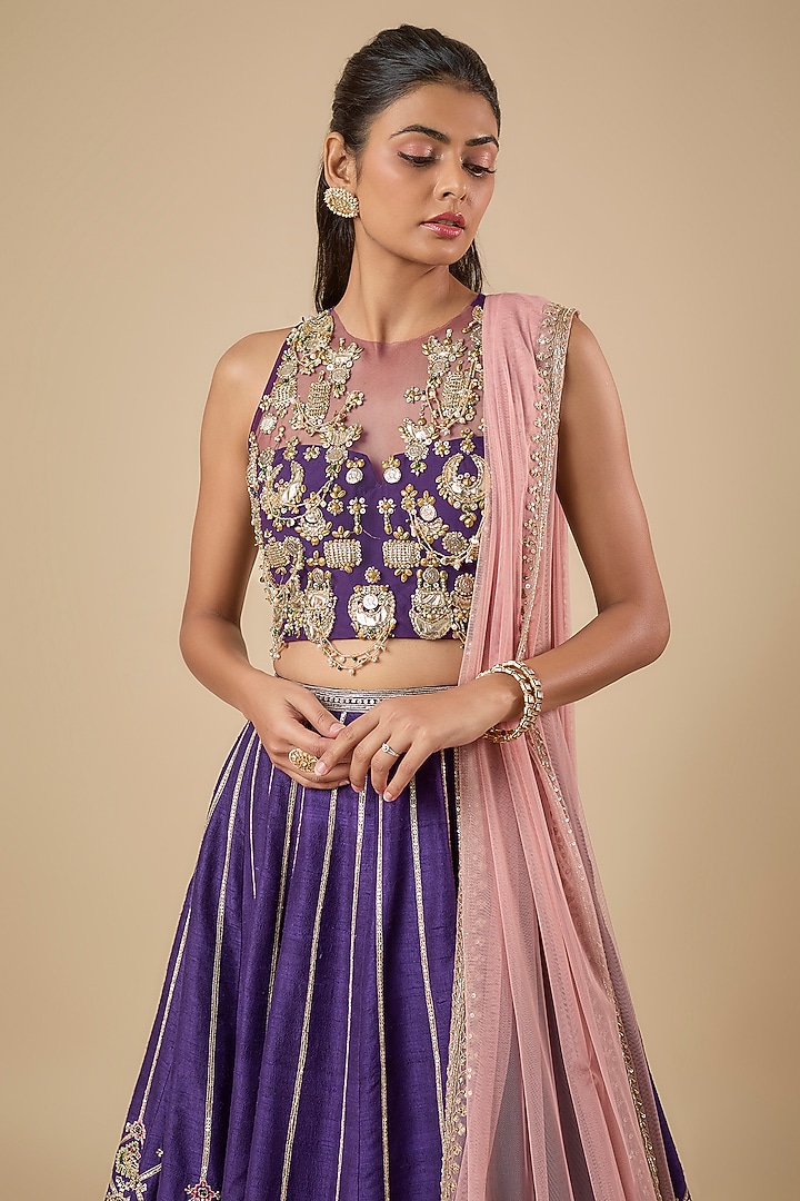 Purple Raw Silk Embroidered Bridal Lehenga Set by Ridhi Mehra at Pernia's Pop Up Shop