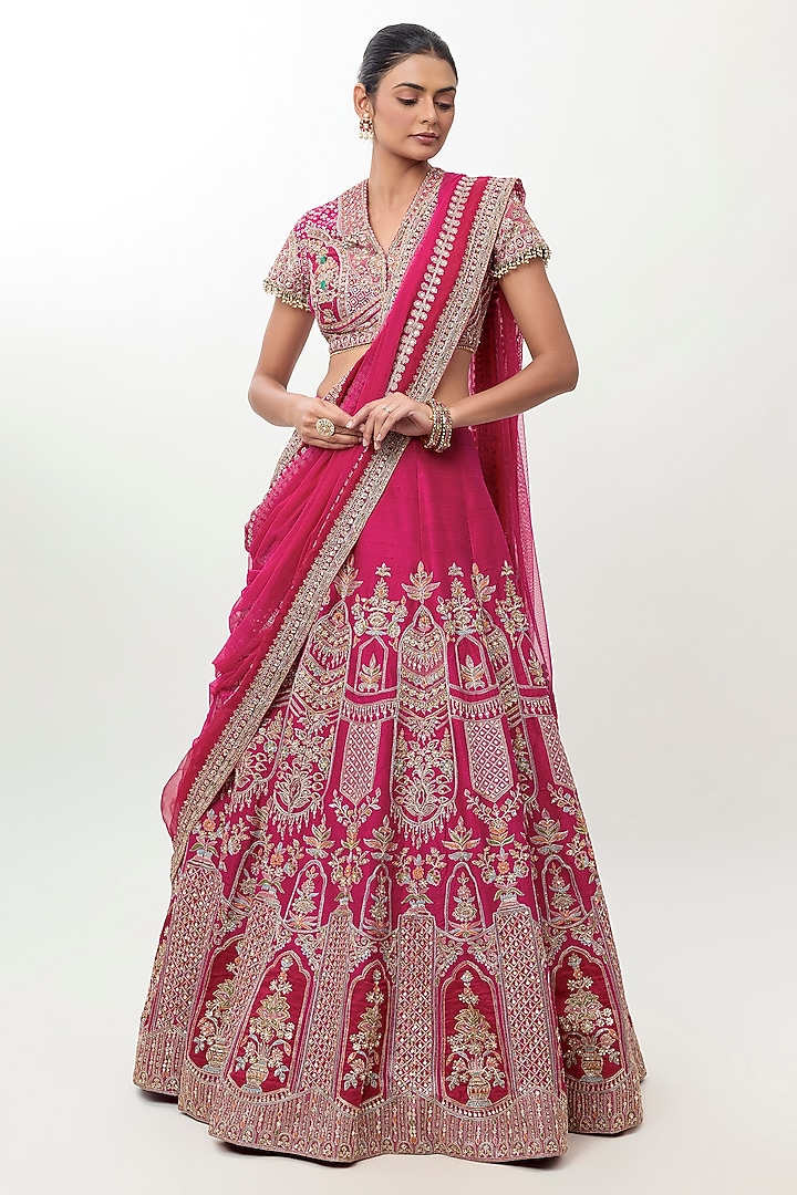 Fuchsia Raw Silk Embroidered Bridal Bridal Lehenga Set by Ridhi Mehra at Pernia's Pop Up Shop