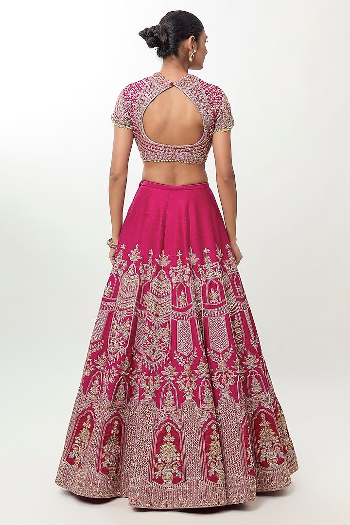 Fuchsia Raw Silk Embroidered Bridal Bridal Lehenga Set by Ridhi Mehra at Pernia's Pop Up Shop