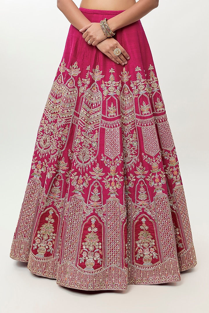 Fuchsia Raw Silk Embroidered Bridal Bridal Lehenga Set by Ridhi Mehra at Pernia's Pop Up Shop