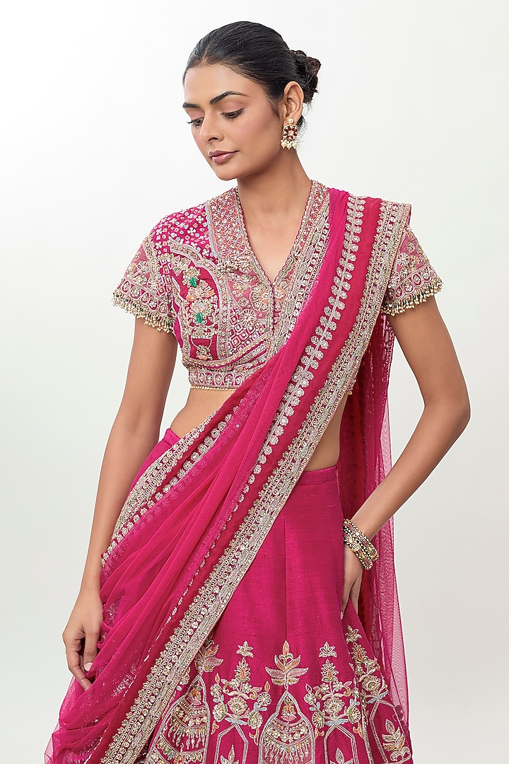 Fuchsia Raw Silk Embroidered Bridal Bridal Lehenga Set by Ridhi Mehra at Pernia's Pop Up Shop