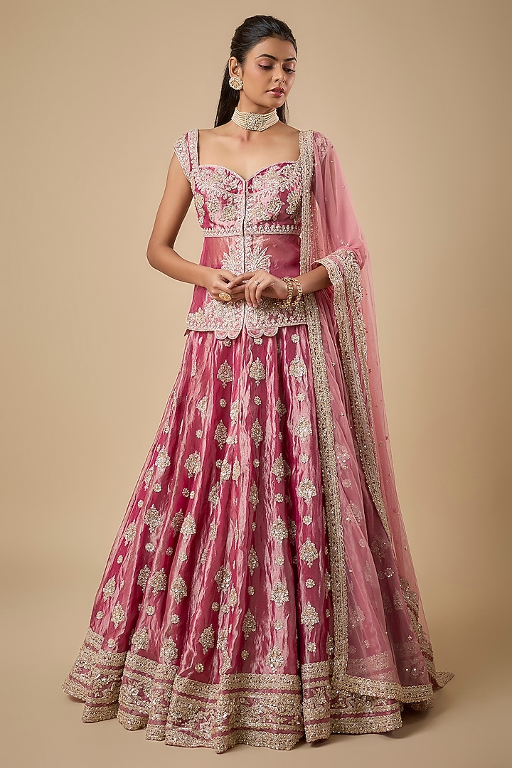 Fuchsia Tissue Embroidered Bridal Lehenga Set by Ridhi Mehra at Pernia's Pop Up Shop