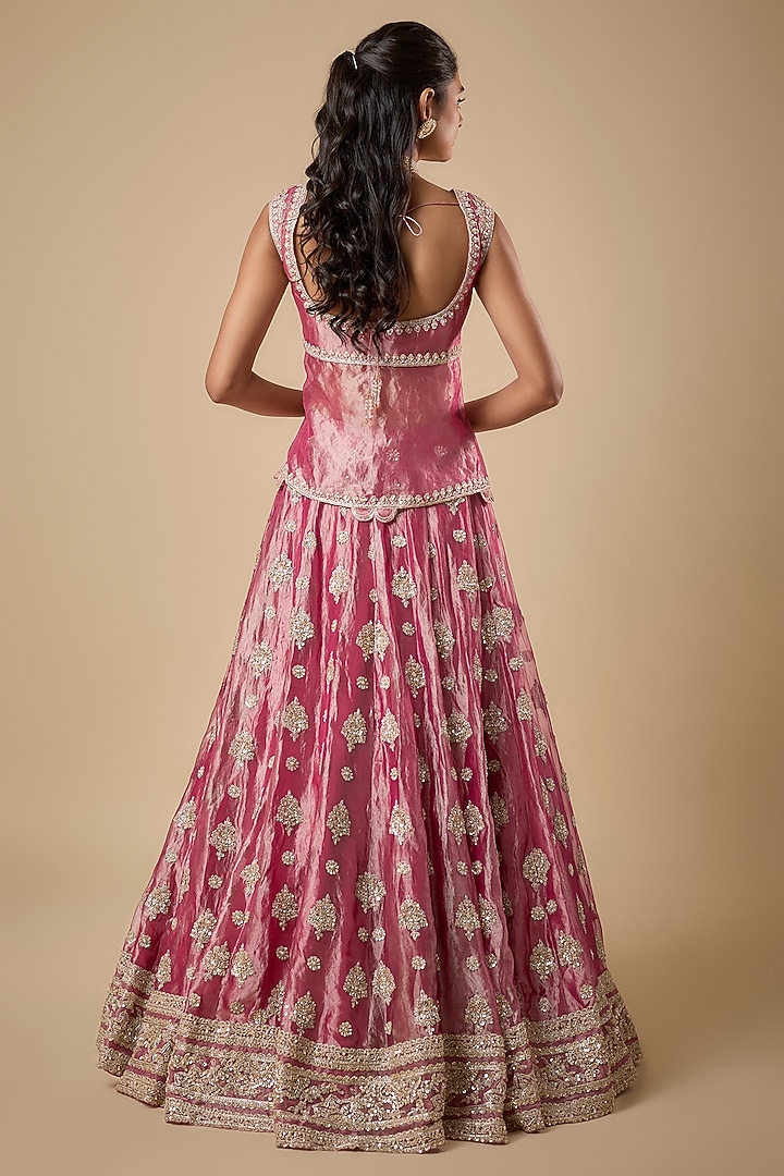 Fuchsia Tissue Embroidered Bridal Lehenga Set by Ridhi Mehra at Pernia's Pop Up Shop