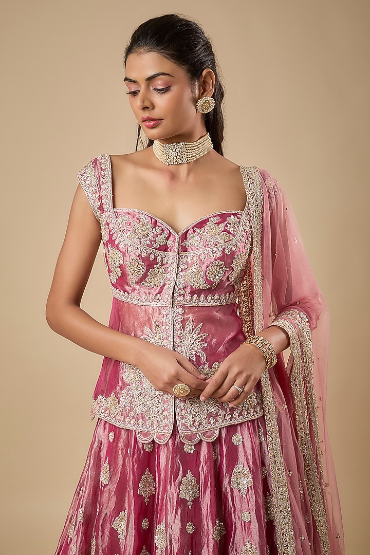 Fuchsia Tissue Embroidered Bridal Lehenga Set by Ridhi Mehra at Pernia's Pop Up Shop