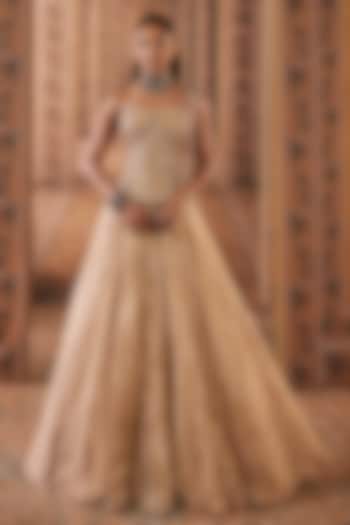Gunmetal Gold Tissue Bridal Wedding Lehenga Set by Ridhi Mehra at Pernia's Pop Up Shop