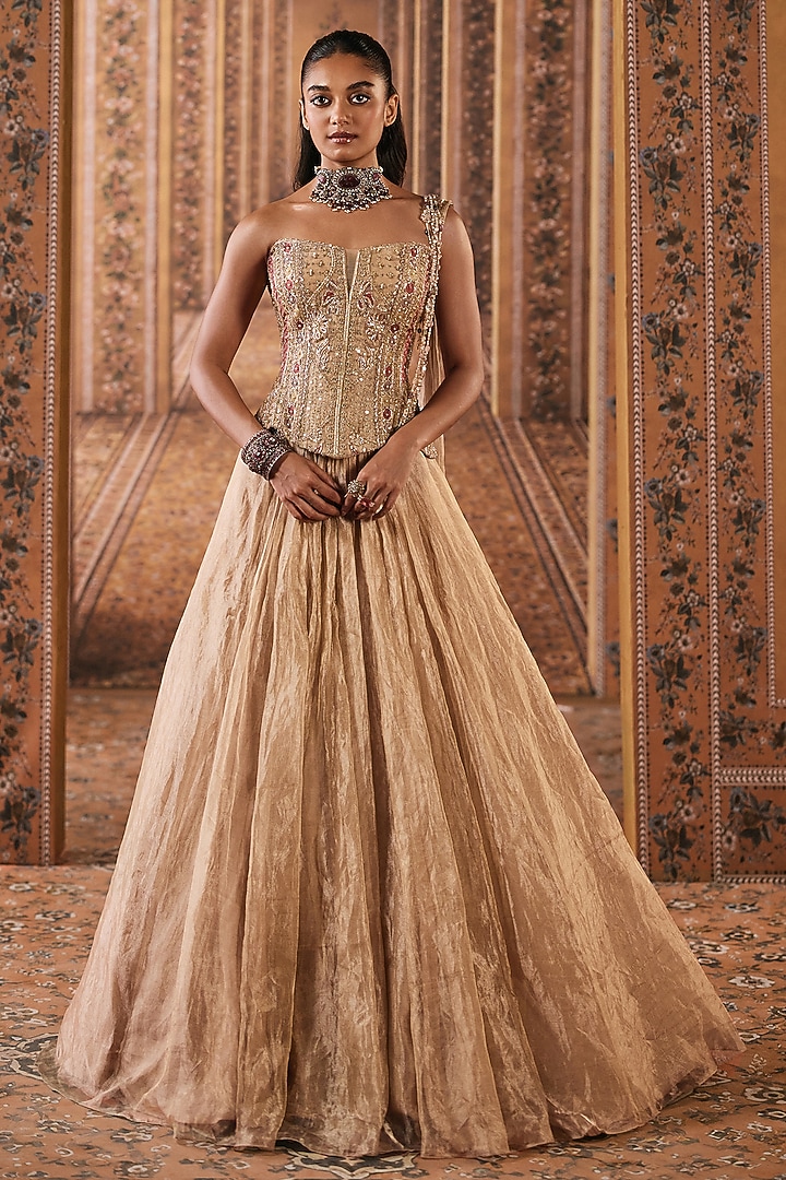 Gunmetal Gold Tissue Bridal Wedding Lehenga Set by Ridhi Mehra at Pernia's Pop Up Shop