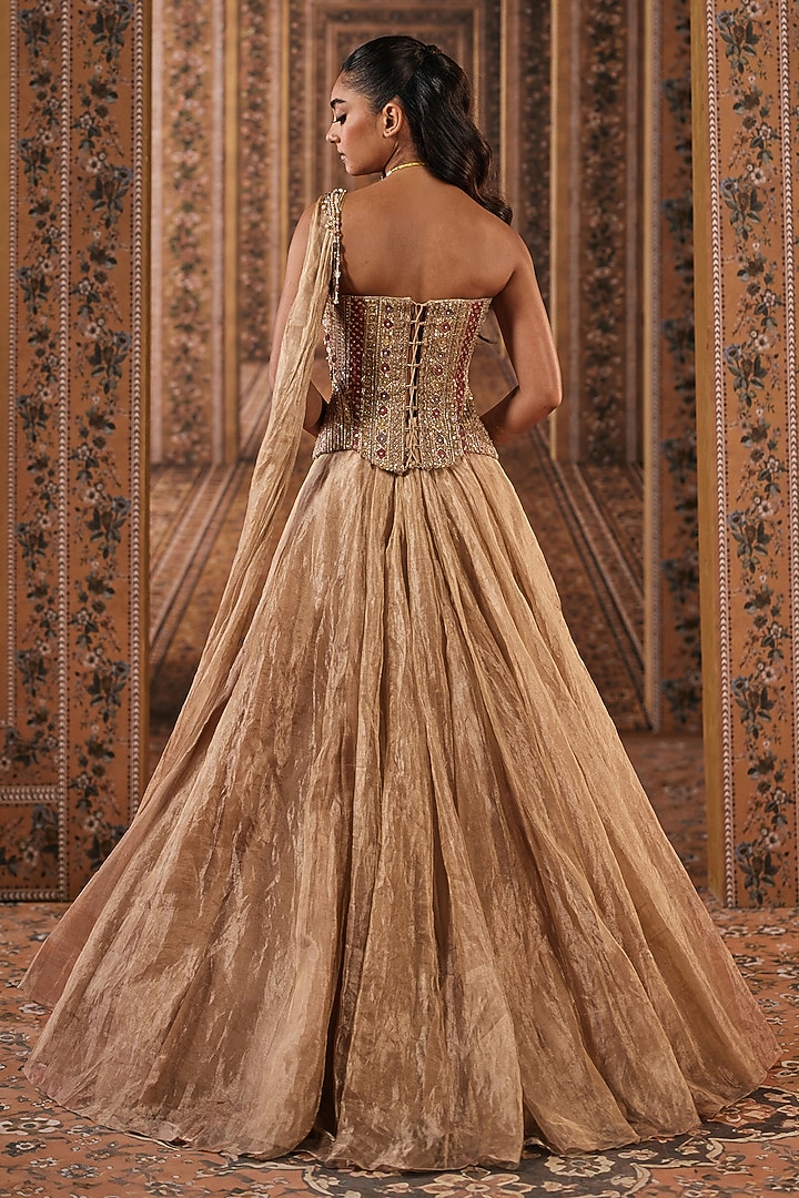 Gunmetal Gold Tissue Bridal Wedding Lehenga Set by Ridhi Mehra at Pernia's Pop Up Shop