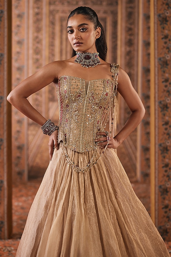 Gunmetal Gold Tissue Bridal Wedding Lehenga Set by Ridhi Mehra at Pernia's Pop Up Shop
