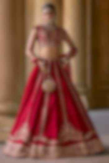 Red Raw Silk Embroidered Bridal Lehenga Set by Ridhi Mehra at Pernia's Pop Up Shop