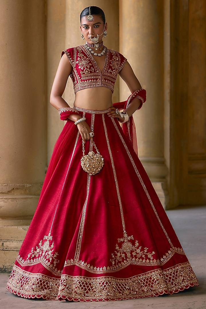 Red Raw Silk Embroidered Bridal Lehenga Set by Ridhi Mehra at Pernia's Pop Up Shop