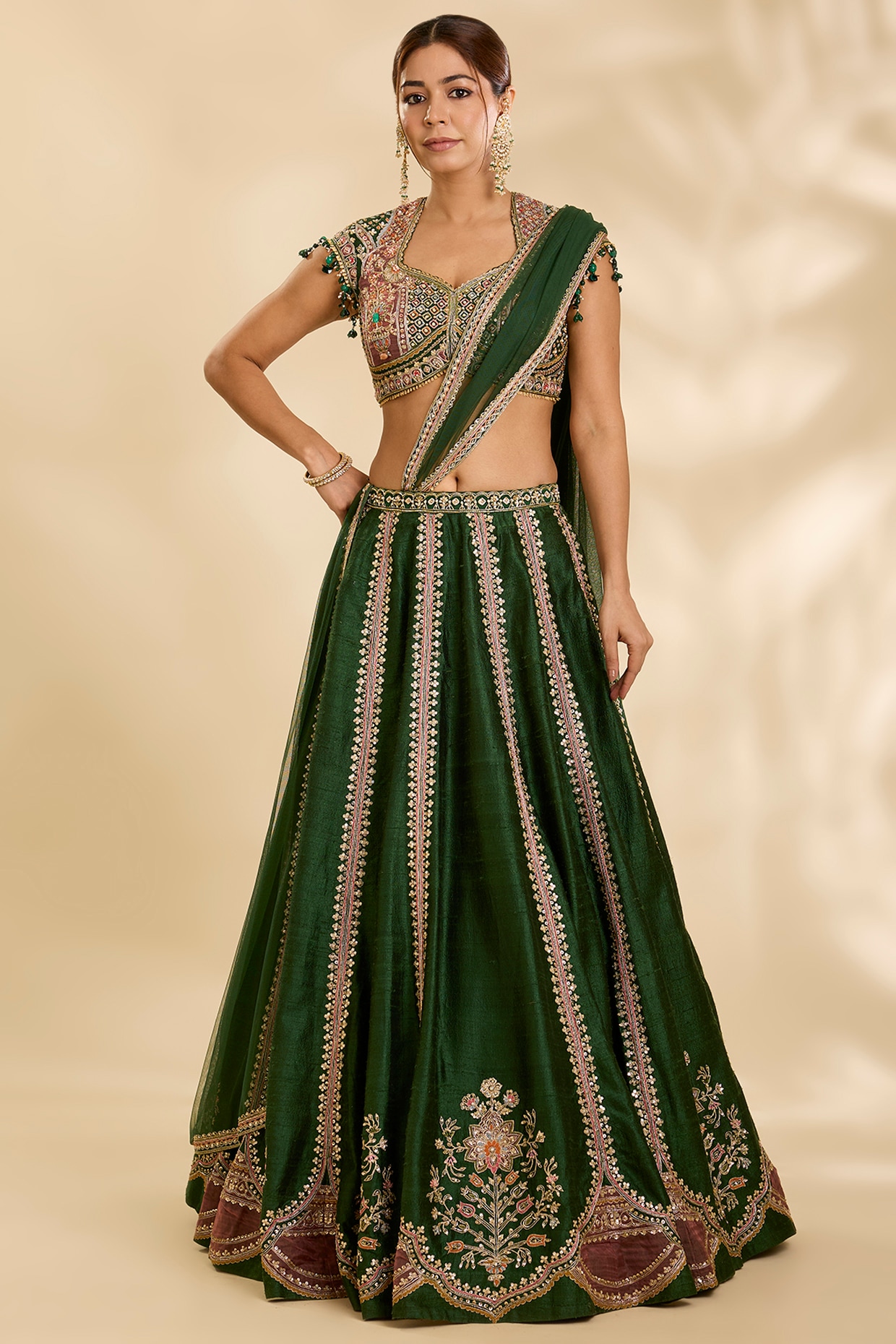 Ridhi Mehra Emerald Green Raw Silk Embroidered Lehenga Set