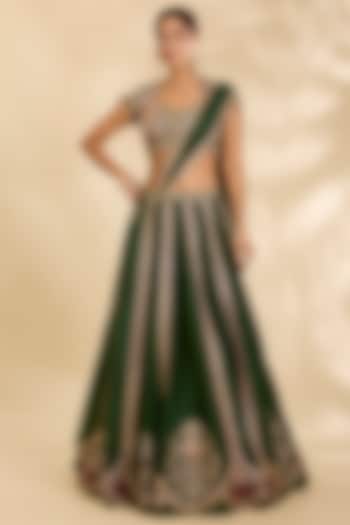 Emerald Green Raw Silk Embroidered Bridal Lehenga Set by Ridhi Mehra at Pernia's Pop Up Shop