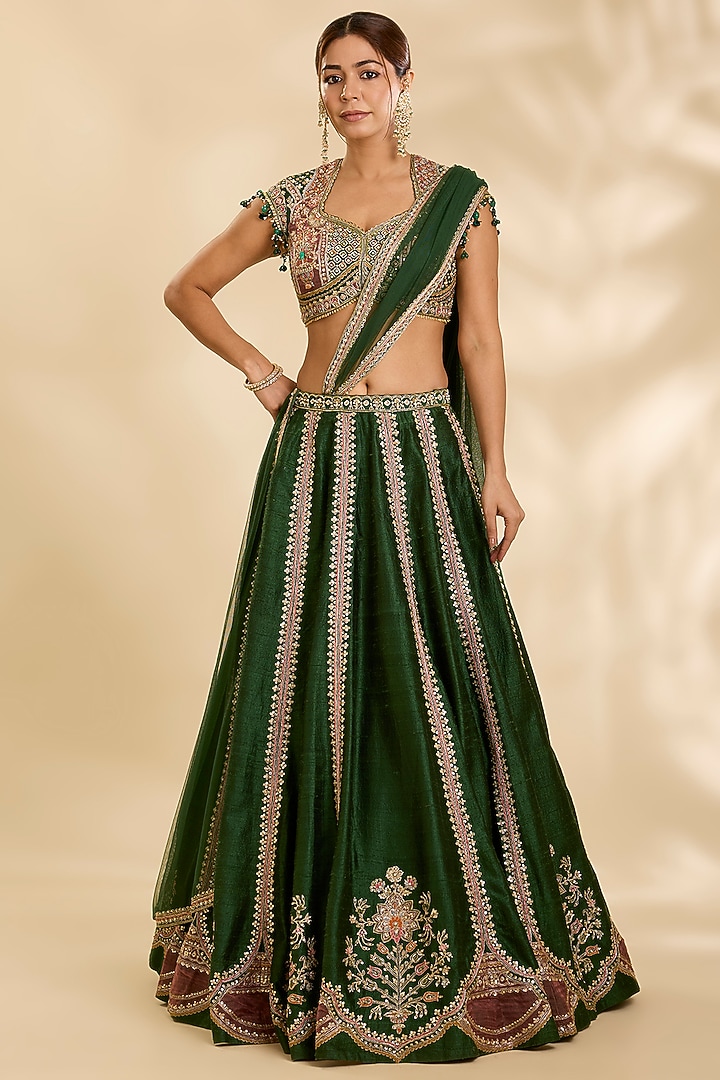 Emerald Green Raw Silk Embroidered Bridal Lehenga Set by Ridhi Mehra at Pernia's Pop Up Shop