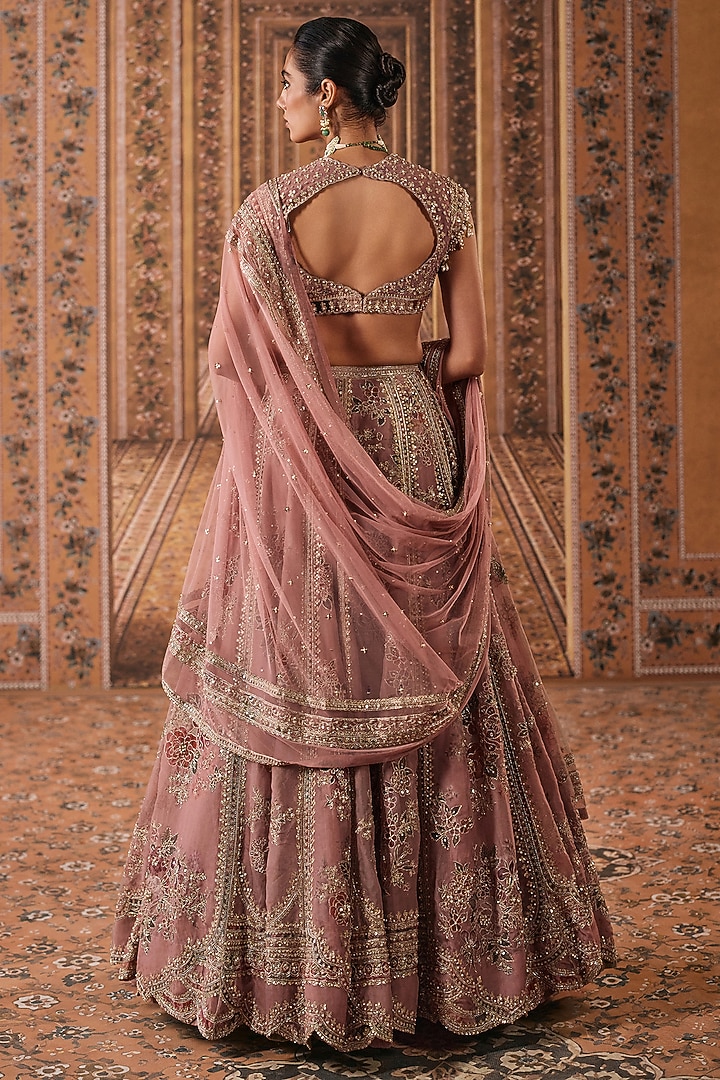 Dusky Pink Organza Printed & Embroidered Bridal Bridal Lehenga Set by Ridhi Mehra at Pernia's Pop Up Shop
