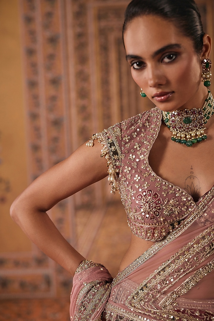 Dusky Pink Organza Printed & Embroidered Bridal Bridal Lehenga Set by Ridhi Mehra at Pernia's Pop Up Shop