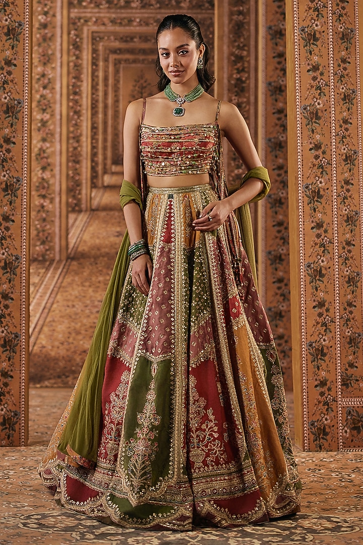 Multi-Colored Raw Silk Printed & Embroidered Bridal Bridal Lehenga Set by Ridhi Mehra at Pernia's Pop Up Shop