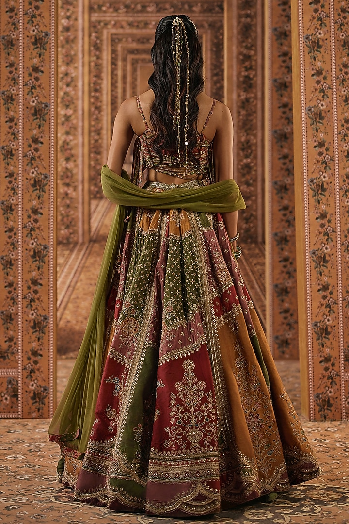 Multi-Colored Raw Silk Printed & Embroidered Bridal Bridal Lehenga Set by Ridhi Mehra at Pernia's Pop Up Shop