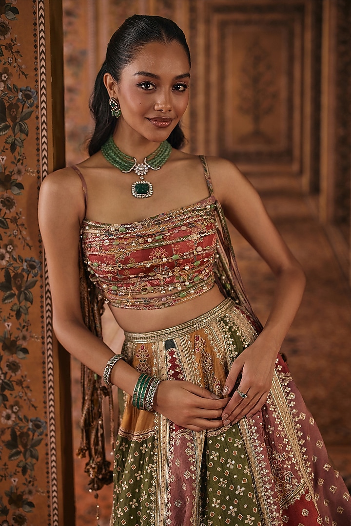 Multi-Colored Raw Silk Printed & Embroidered Bridal Bridal Lehenga Set by Ridhi Mehra at Pernia's Pop Up Shop
