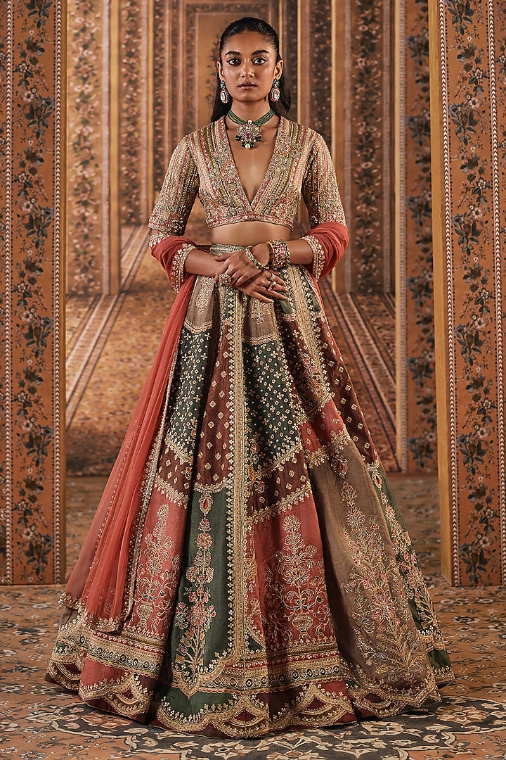 Multi-Colored Raw Silk Printed & Embroidered Bridal Bridal Lehenga Set by Ridhi Mehra at Pernia's Pop Up Shop