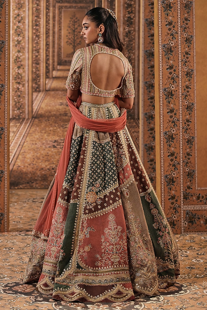 Multi-Colored Raw Silk Printed & Embroidered Bridal Bridal Lehenga Set by Ridhi Mehra at Pernia's Pop Up Shop