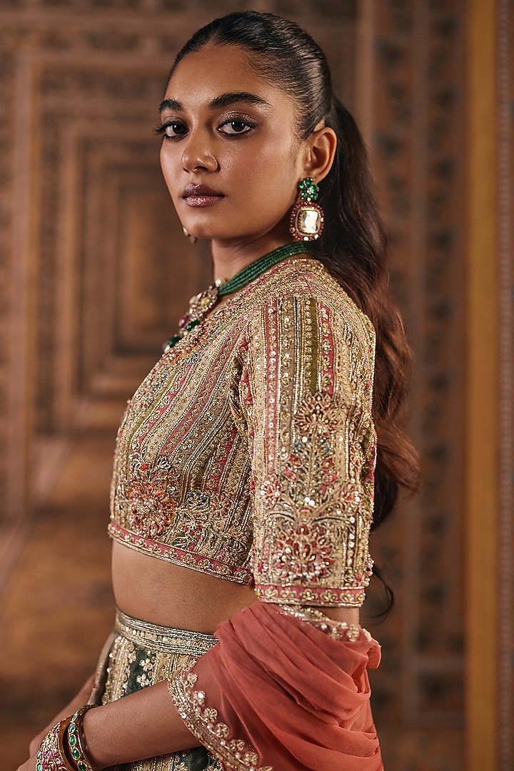 Multi-Colored Raw Silk Printed & Embroidered Bridal Bridal Lehenga Set by Ridhi Mehra at Pernia's Pop Up Shop