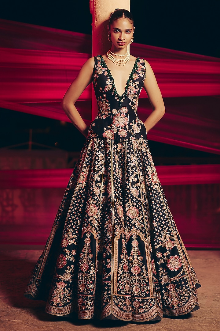 Black Chanderi Printed & Embroidered Bridal Lehenga Set by Ridhi Mehra at Pernia's Pop Up Shop