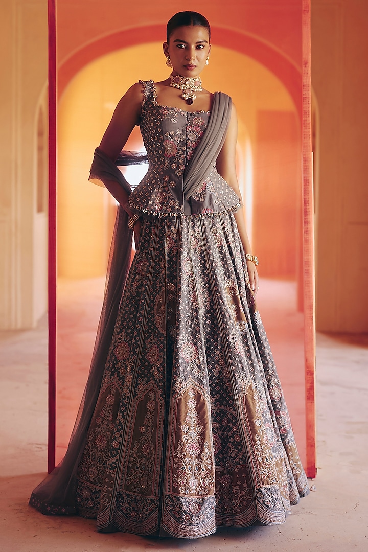 Sage Green Chanderi Printed & Embroidered Bridal Lehenga Set by Ridhi Mehra at Pernia's Pop Up Shop