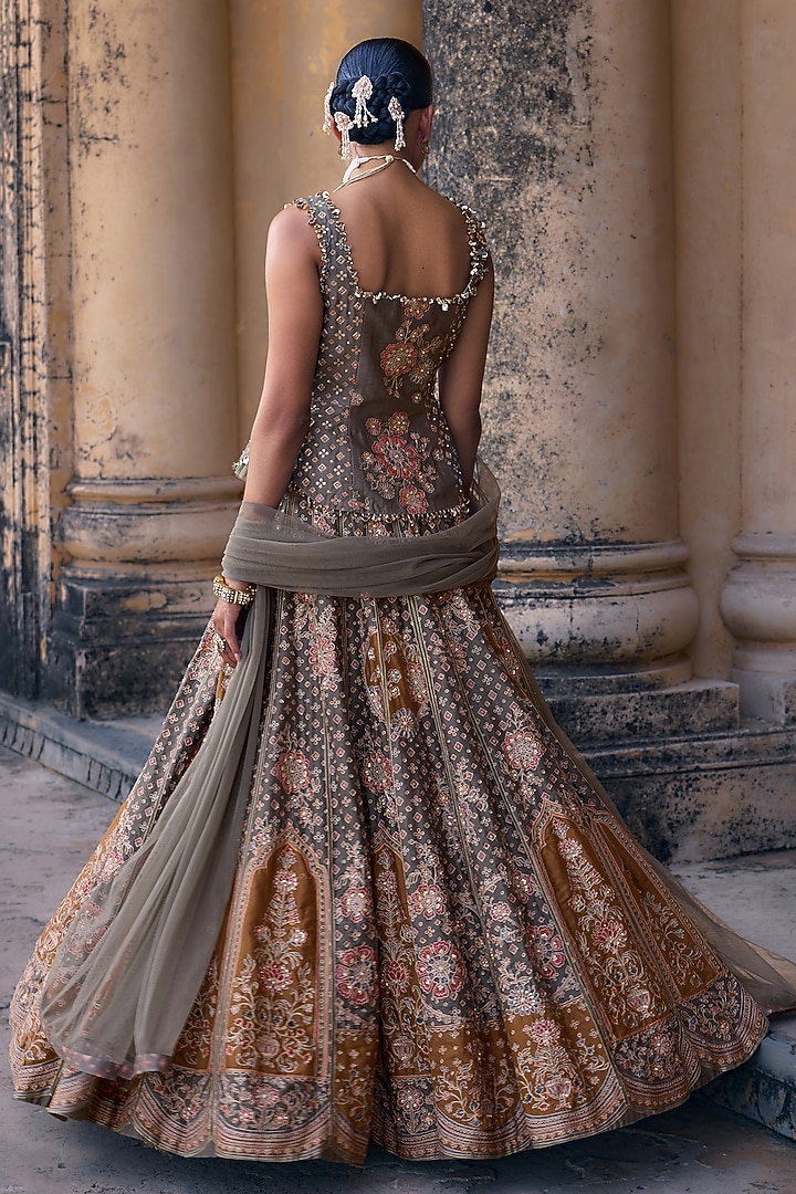 Sage Green Chanderi Printed & Embroidered Bridal Lehenga Set by Ridhi Mehra at Pernia's Pop Up Shop