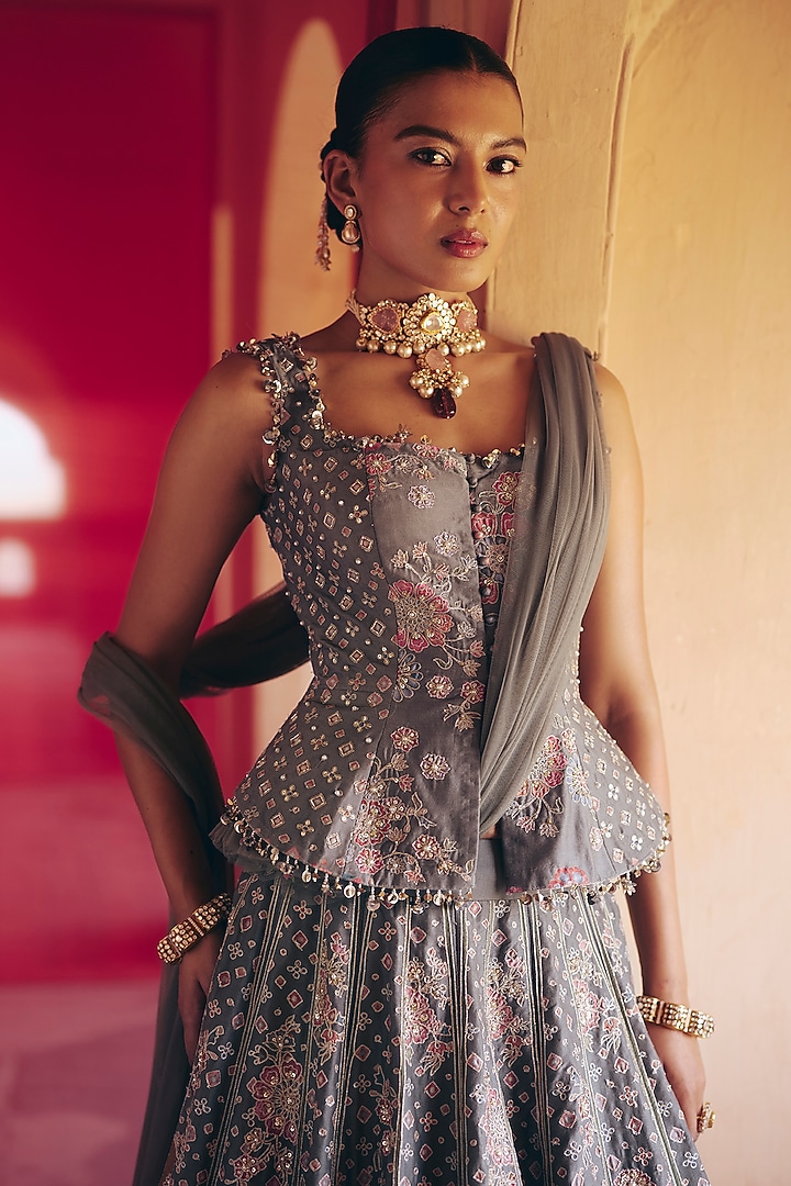 Sage Green Chanderi Printed & Embroidered Bridal Lehenga Set by Ridhi Mehra at Pernia's Pop Up Shop