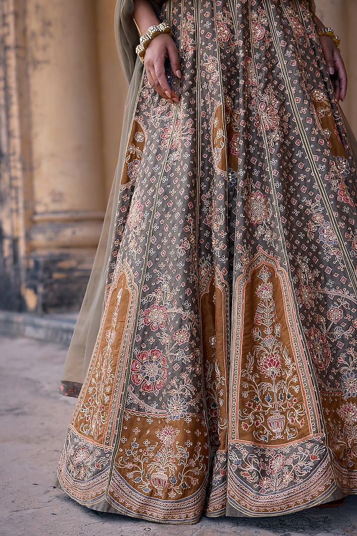 Sage Green Chanderi Printed & Embroidered Bridal Lehenga Set by Ridhi Mehra at Pernia's Pop Up Shop