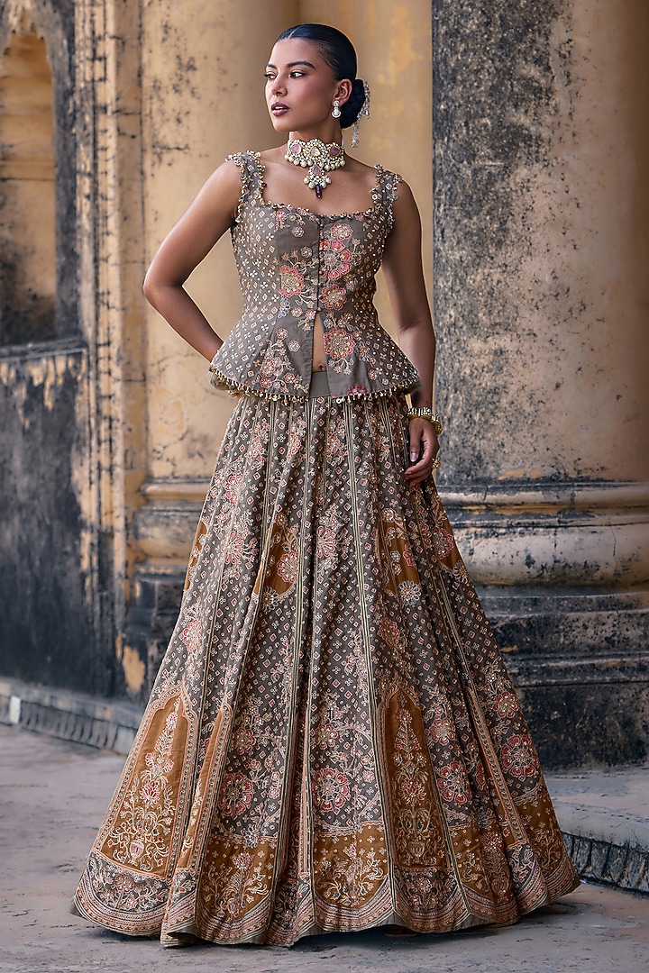 Sage Green Chanderi Printed & Embroidered Bridal Lehenga Set by Ridhi Mehra at Pernia's Pop Up Shop