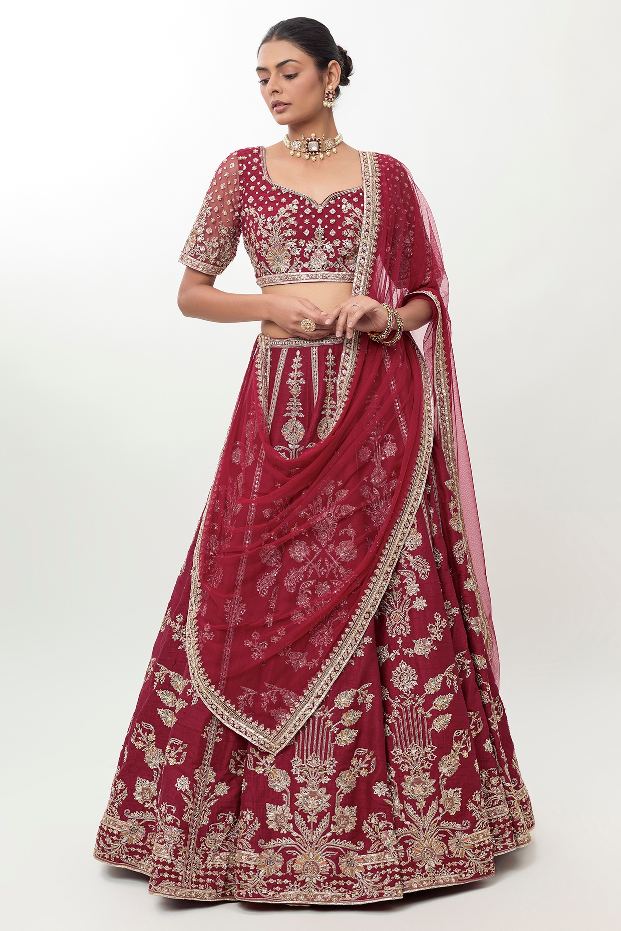 Ridhi Mehra Red Raw Silk Embroidered Bridal Lehenga Set