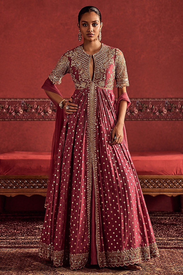 Deep Onion Pink Banarasi Silk Embroidered Bridal Anarkali Set by Ridhi Mehra at Pernia's Pop Up Shop