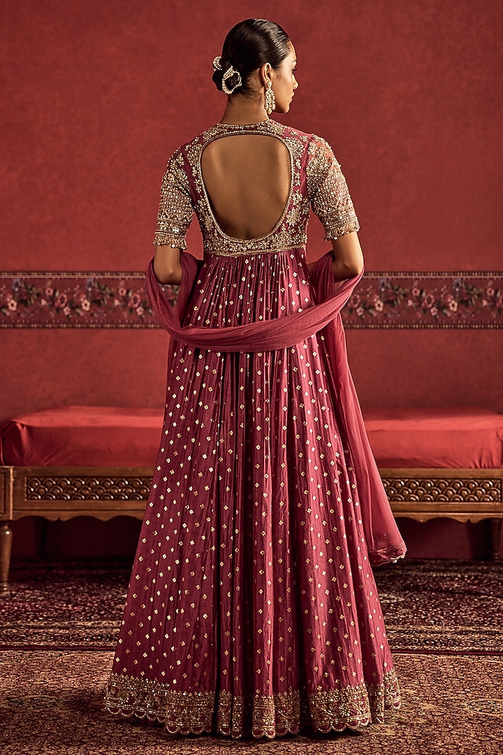 Deep Onion Pink Banarasi Silk Embroidered Bridal Anarkali Set by Ridhi Mehra at Pernia's Pop Up Shop