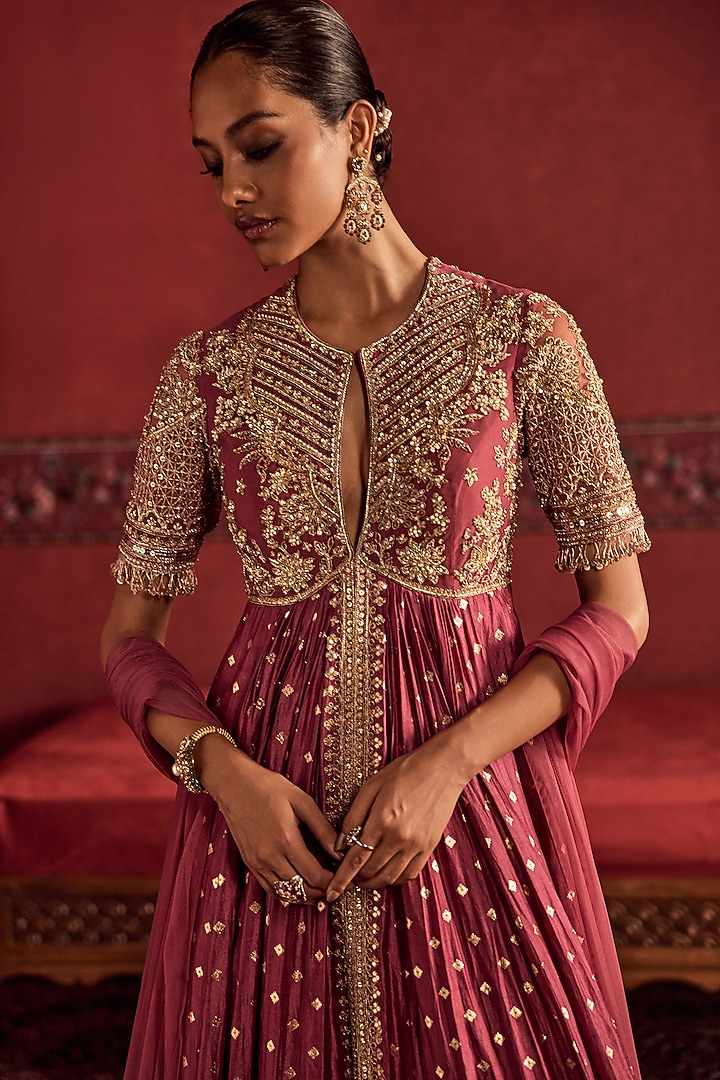 Deep Onion Pink Banarasi Silk Embroidered Bridal Anarkali Set by Ridhi Mehra at Pernia's Pop Up Shop