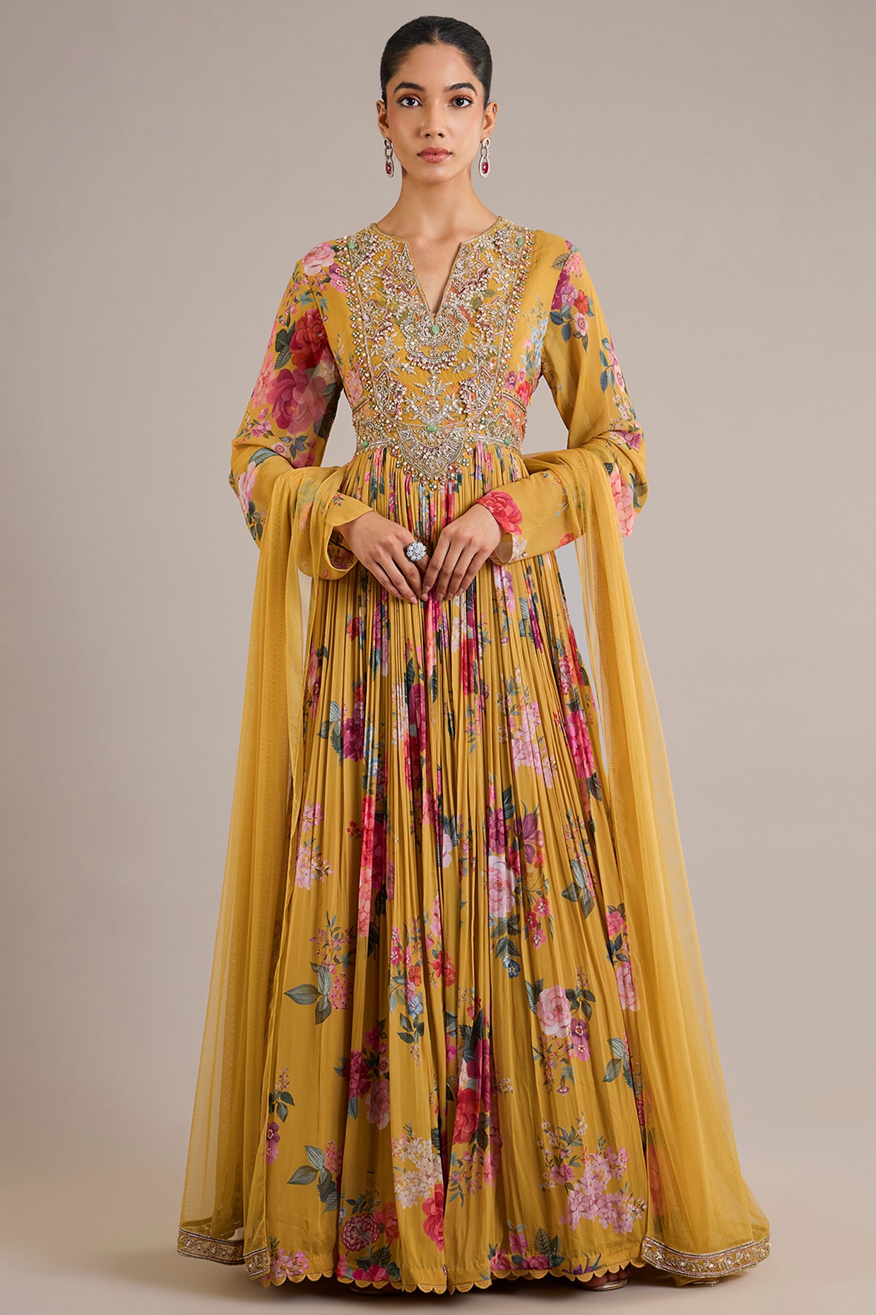 Ridhi Mehra Yellow Chiffon Printed & Embroidered Anarkali Set