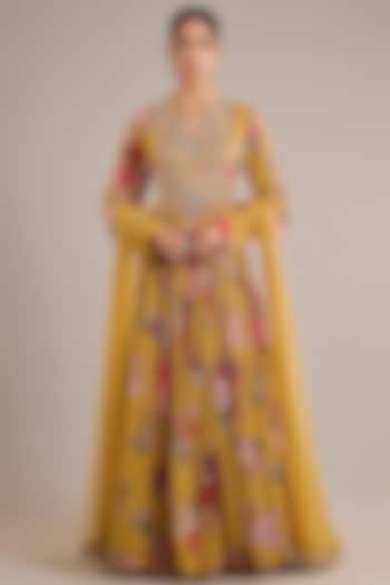 Yellow Chiffon Printed & Embroidered Bridal Anarkali Set by Ridhi Mehra at Pernia's Pop Up Shop