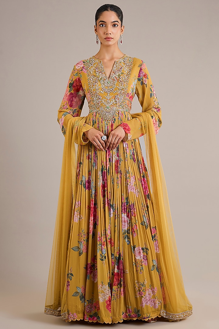 Yellow Chiffon Printed & Embroidered Bridal Anarkali Set by Ridhi Mehra at Pernia's Pop Up Shop
