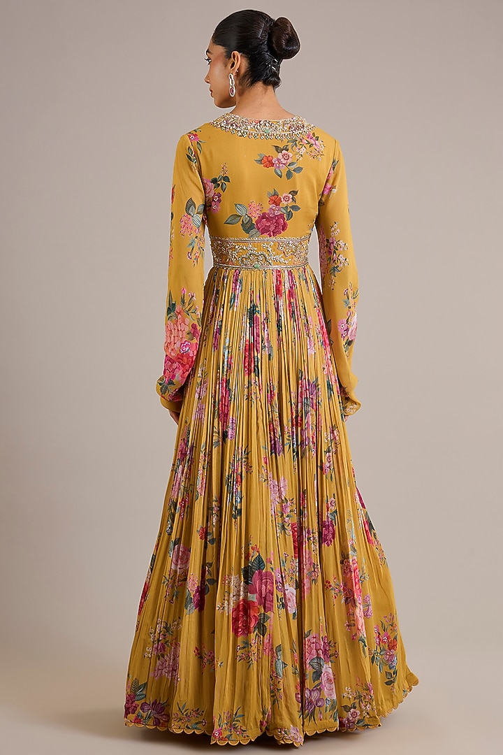 Yellow Chiffon Printed & Embroidered Bridal Anarkali Set by Ridhi Mehra at Pernia's Pop Up Shop