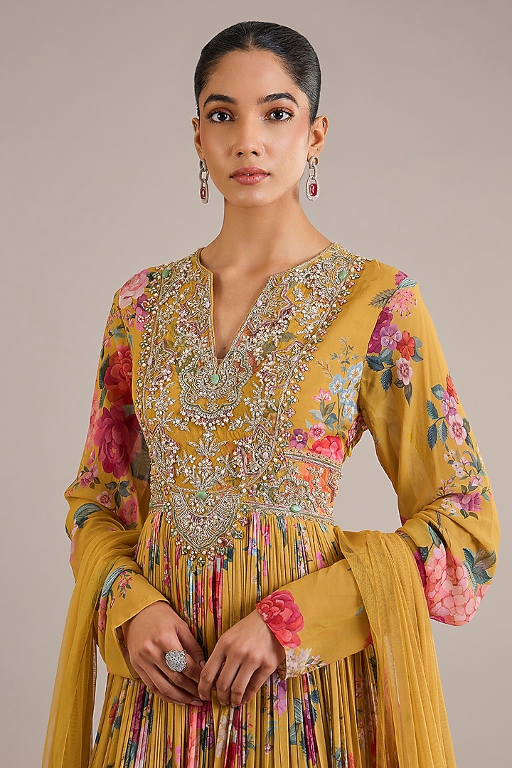 Yellow Chiffon Printed & Embroidered Bridal Anarkali Set by Ridhi Mehra at Pernia's Pop Up Shop