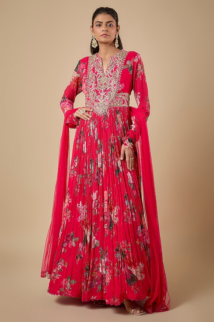 Fuchsia Georgette Printed & Embroidered Bridal Anarkali With Dupatta by Ridhi Mehra at Pernia's Pop Up Shop