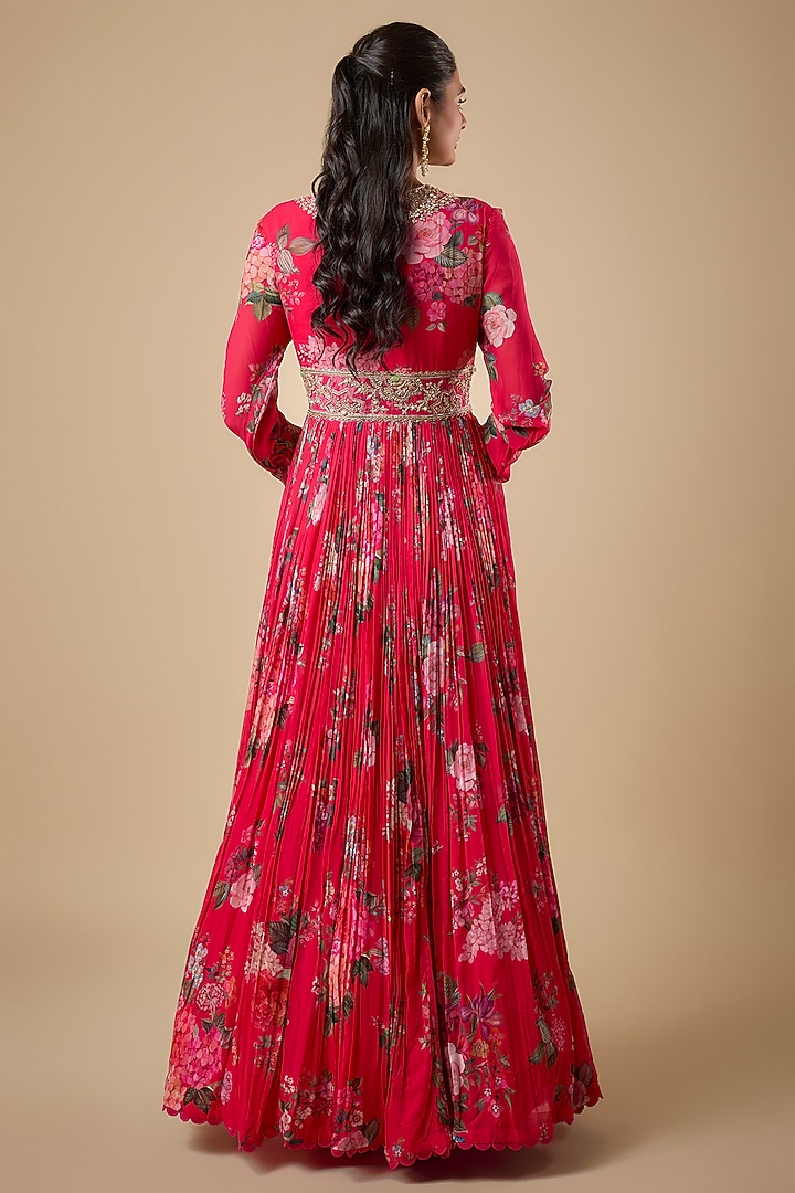 Fuchsia Georgette Printed & Embroidered Bridal Anarkali With Dupatta by Ridhi Mehra at Pernia's Pop Up Shop