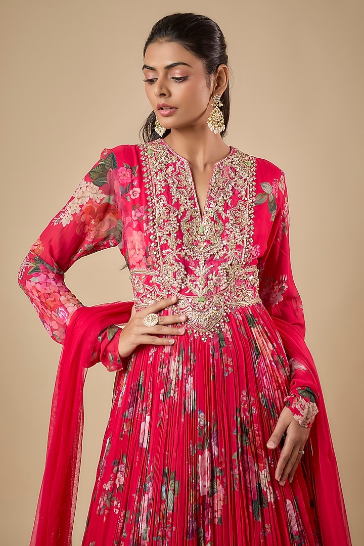 Fuchsia Georgette Printed & Embroidered Bridal Anarkali With Dupatta by Ridhi Mehra at Pernia's Pop Up Shop
