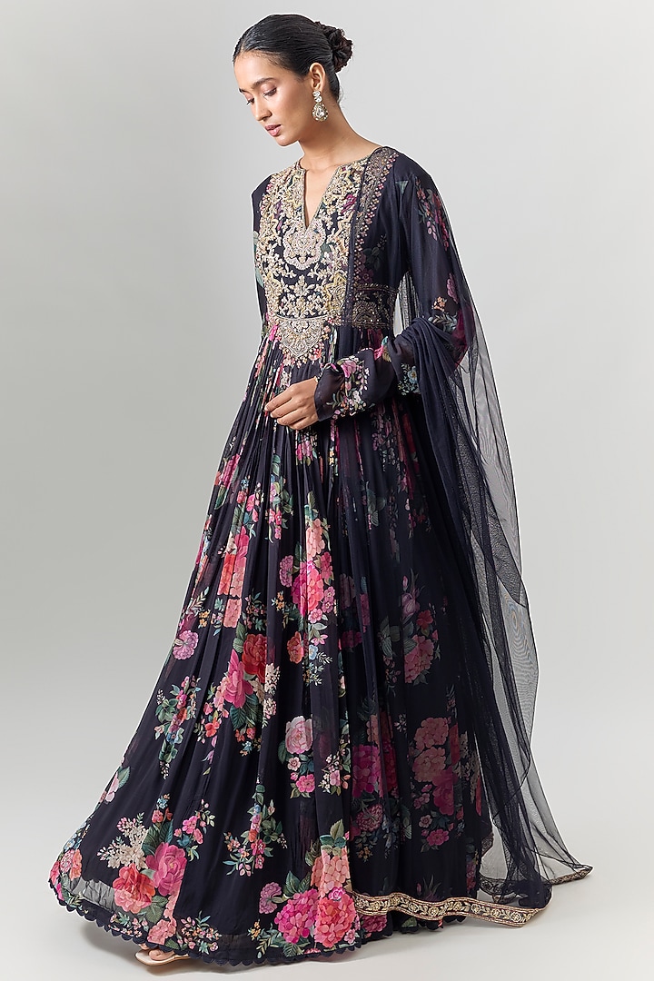 Black Chiffon Printed & Embroidered Bridal Anarkali Set by Ridhi Mehra at Pernia's Pop Up Shop