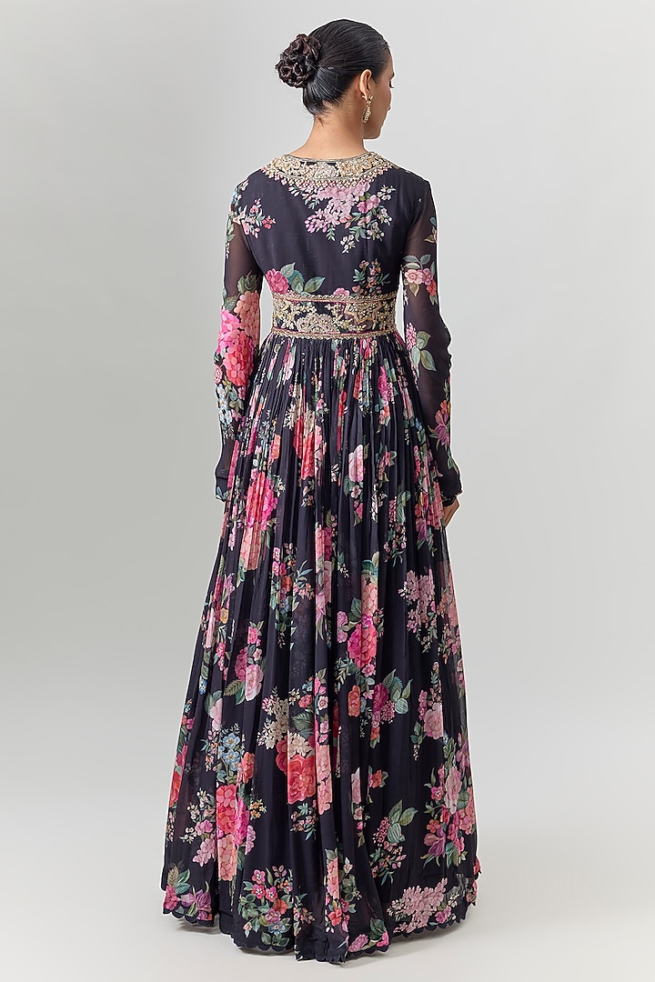 Black Chiffon Printed & Embroidered Bridal Anarkali Set by Ridhi Mehra at Pernia's Pop Up Shop