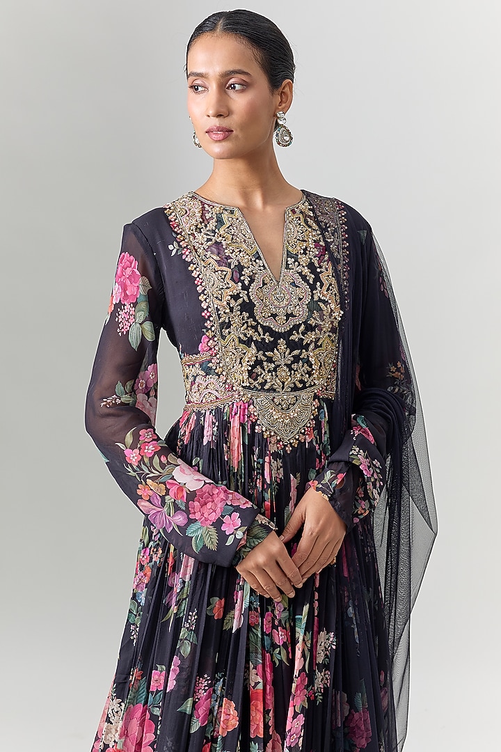 Black Chiffon Printed & Embroidered Bridal Anarkali Set by Ridhi Mehra at Pernia's Pop Up Shop